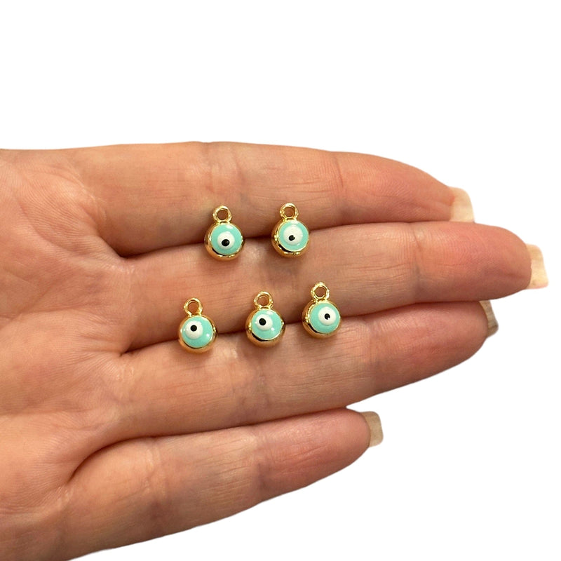 24Kt Gold Plated Double Side Mint Enamelled Evil Eye Charms, 5 pcs in a pack