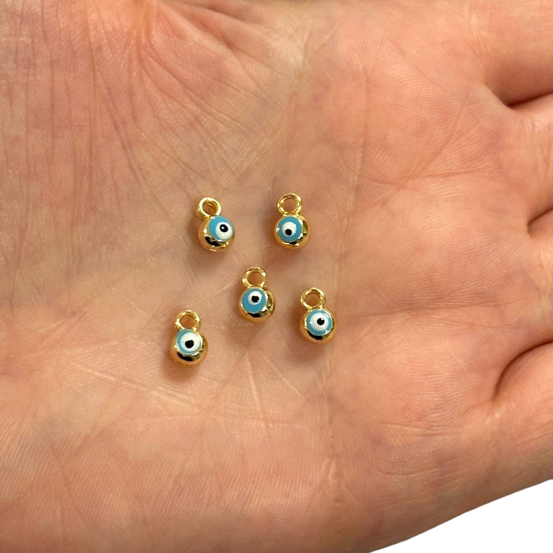 24Kt Gold Plated Double Side Blue Enamelled Evil Eye Charms, 5 pcs in a pack