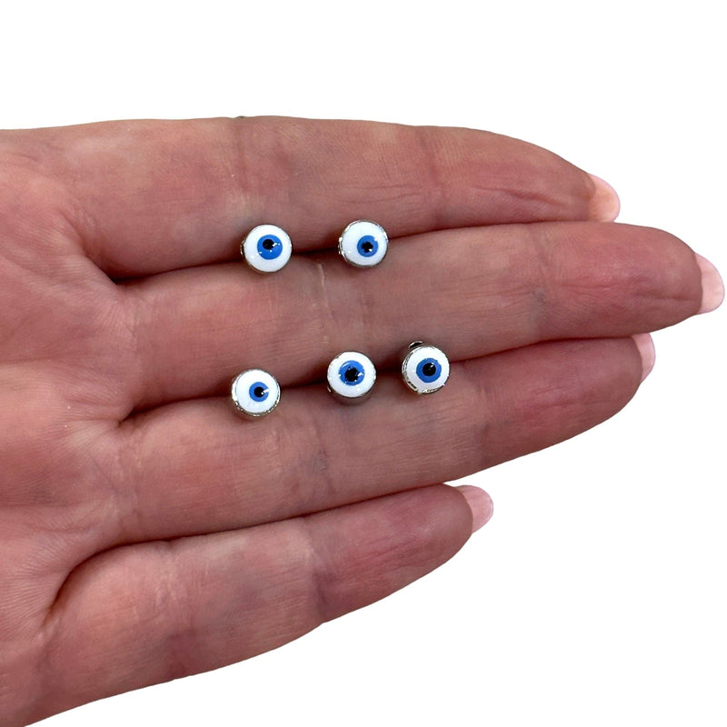 6mm Silver Plated Evil Eye Beads, 6mm Silver Plated Evil Eye Spacers, 5 Pcs in a Pack