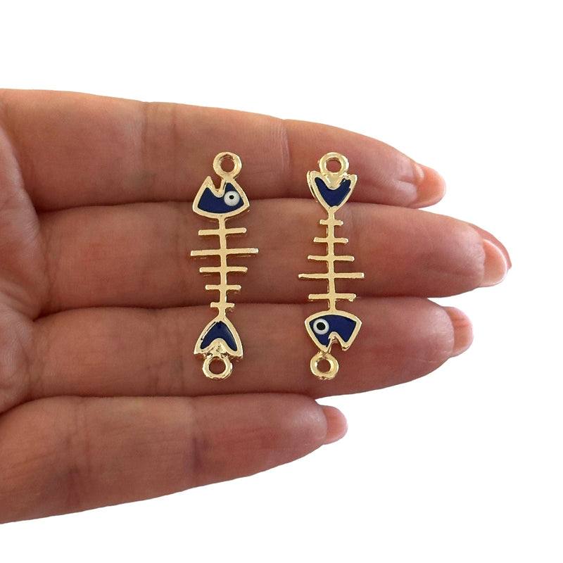 24Kt Gold Plated Navy Enamelled Fishbone Connector Charms, 2 pcs in a pack