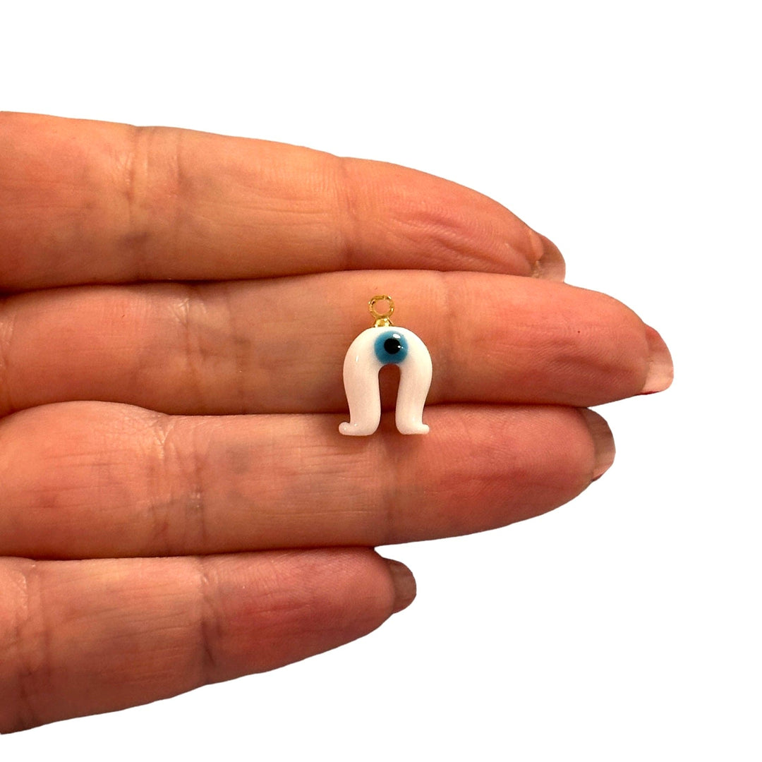 Hand Made Murano Glass White Horseshoe&amp;Evil Eye Charm with 24Kt Gold Plated Pin