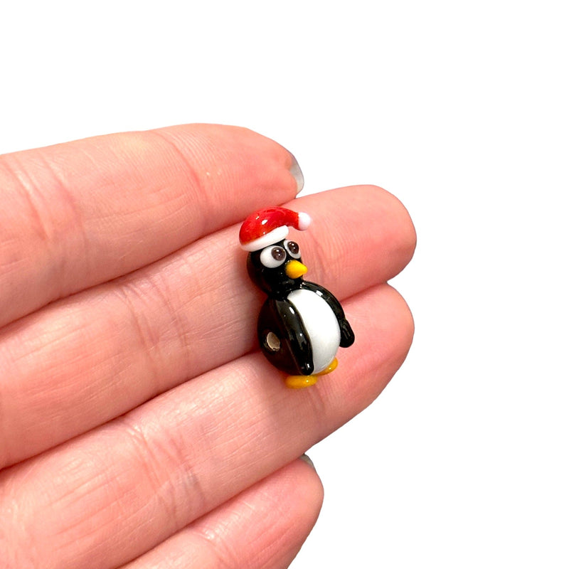 Xmas Penguin Hand Made Murano Glass Charm, Horizontal Hole Xmas Penguin Charm
