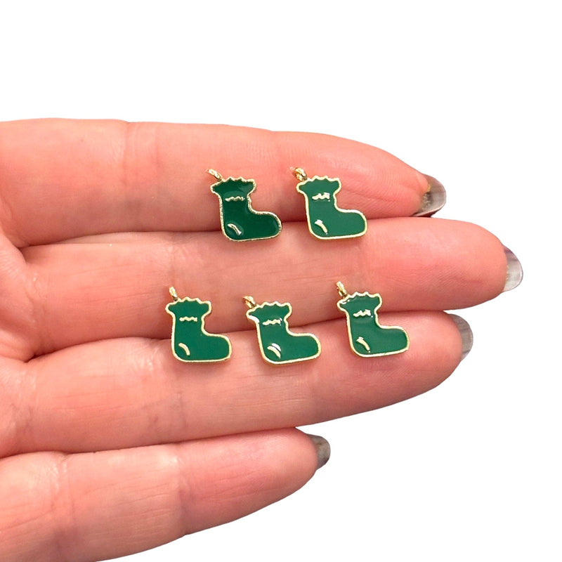 Green Christmas Stockings Charms, 24Kt Gold Plated Green Enamelled Xmas Stockings Charms, 5 pcs in a pack