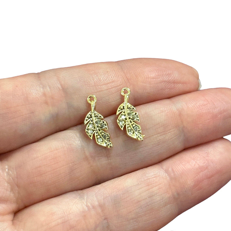 24Kt Gold Plated CZ Micro Pave Leaf Charms, 2 pcs in a pack