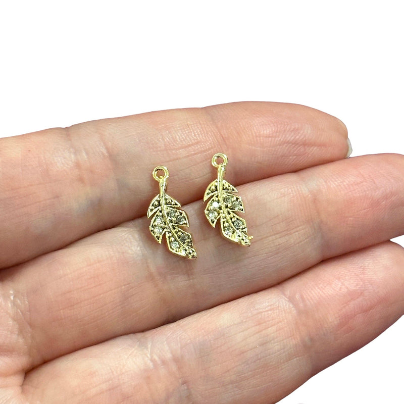 24Kt Gold Plated CZ Micro Pave Leaf Charms, 2 pcs in a pack