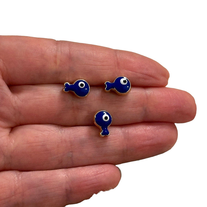 24Kt Gold Plated Double Side Navy Enamelled Fish Spacer Charms, 3 pcs in a pack