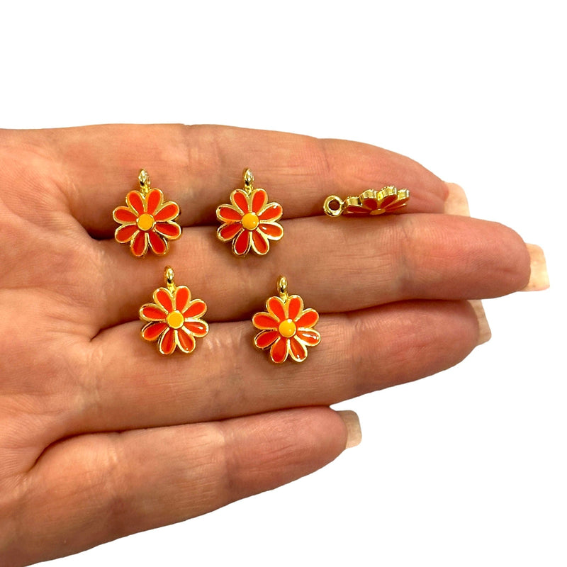 24Kt Gold Plated Orange Enamelled Daisy Charms, 5 pcs in a pack