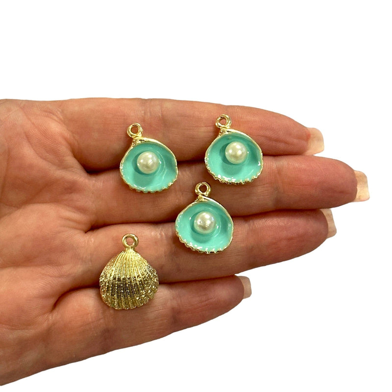 24Kt Gold Plated Mint Enamelled Oyster Charms With Pearl, 4 pcs in a pack