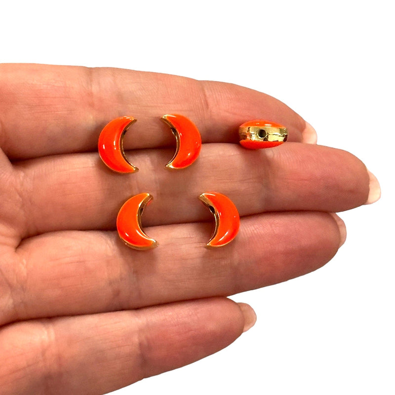 24Kt Gold Plated Double Side Neon Orange Enamelled Crescent Charms, 5 pcs in a pack