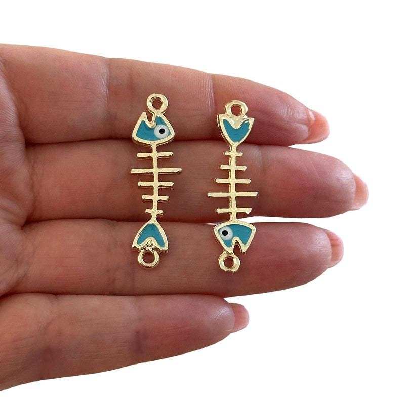 24Kt Gold Plated Sky Blue Enamelled Fishbone Connector Charms, 2 pcs in a pack