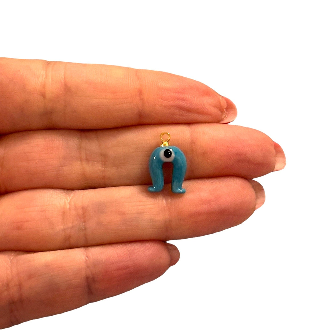 Hand Made Murano Glass Blue Horseshoe&amp;Evil Eye Charm with 24Kt Gold Plated Pin