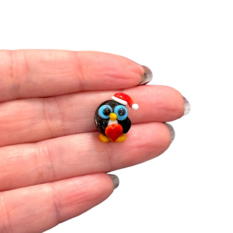 Xmas Penguin Hand Made Murano Glass Charm, Horizontal Hole Xmas Penguin Charm