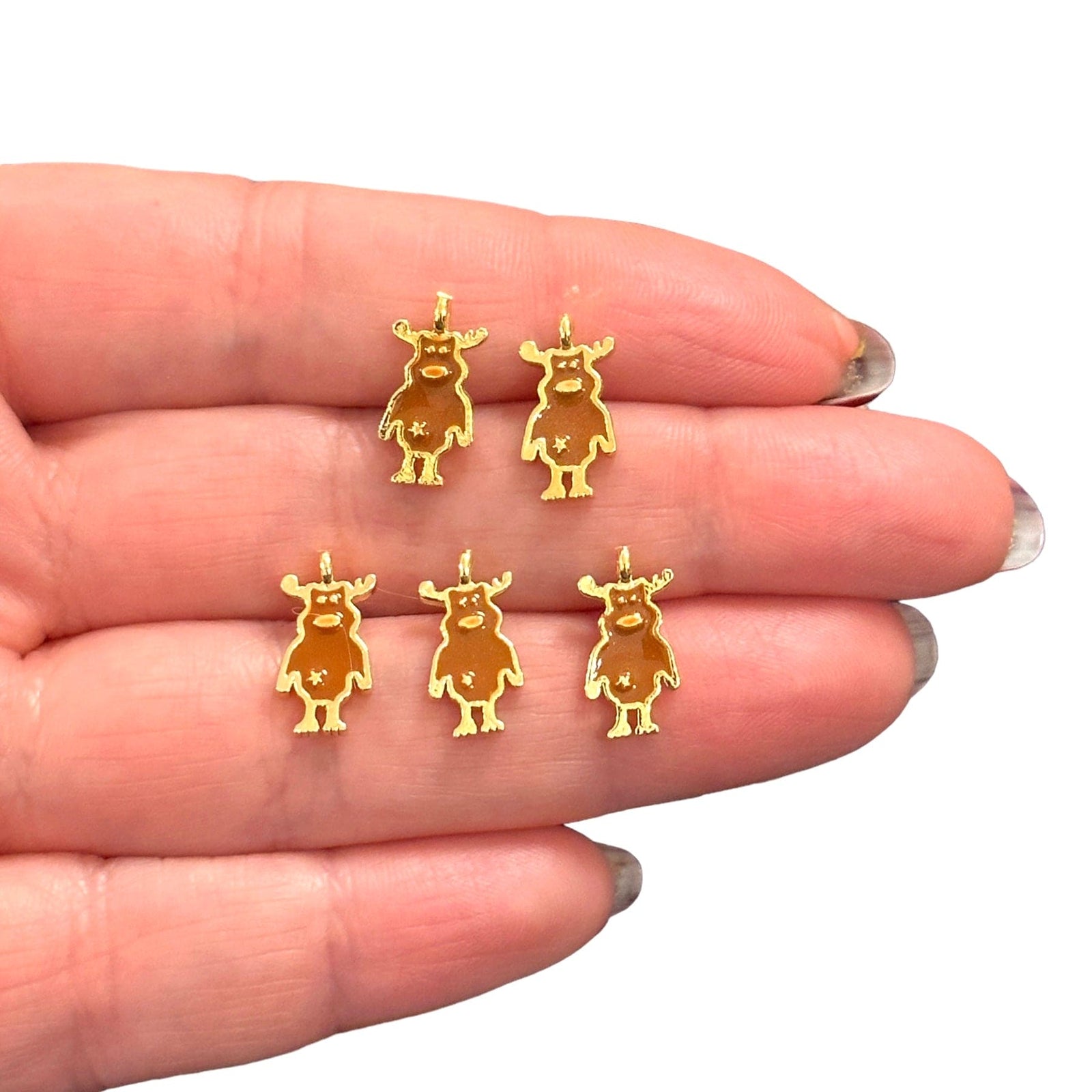 Christmas Reindeer Charms, 24Kt Gold Plated Enamelled Santa's Reindeer Charms, 5 pcs in a pack
