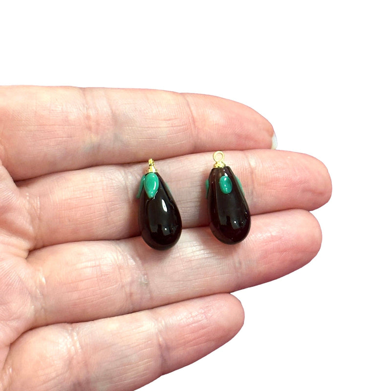 Hand Made Murano Glass Aubergine Charms With 24Kt Gold Plated Pins, 2 pcs in a pack