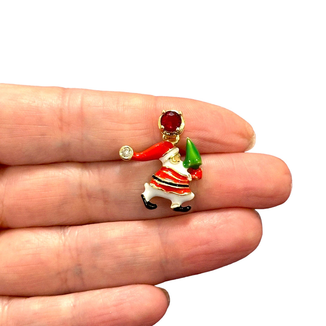 Santa Charm, Gold Plated&amp;Enamelled CZ Micro Pave and Ruby CZ Gold Bail