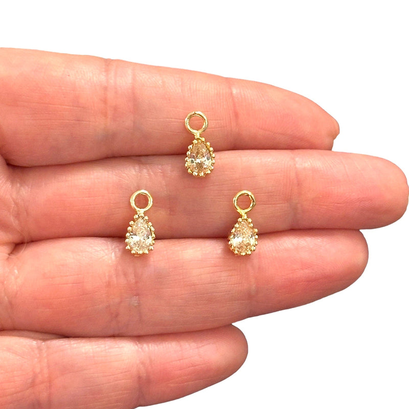 24Kt Gold Plated Drop Crsytal Clear CZ Charms, 3 pcs in a pack