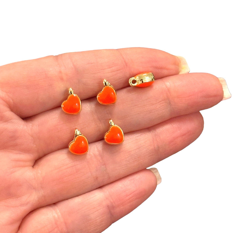24Kt Gold Plated Double Side Neon Orange Enamelled Brass Heart Charms, 5 pcs in a pack
