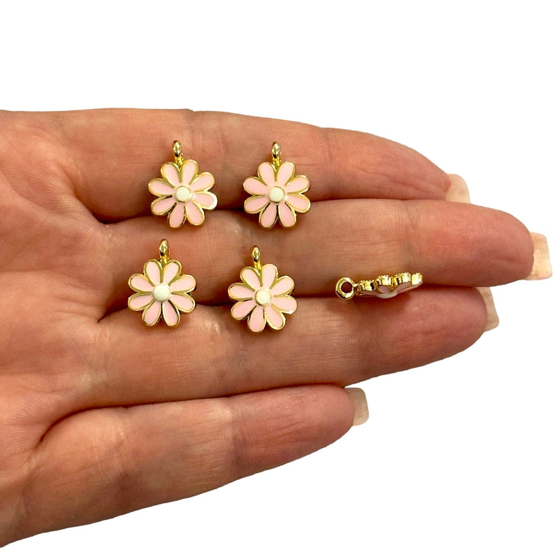 24Kt Gold Plated Pink Enamelled Daisy Charms, 5 pcs in a pack