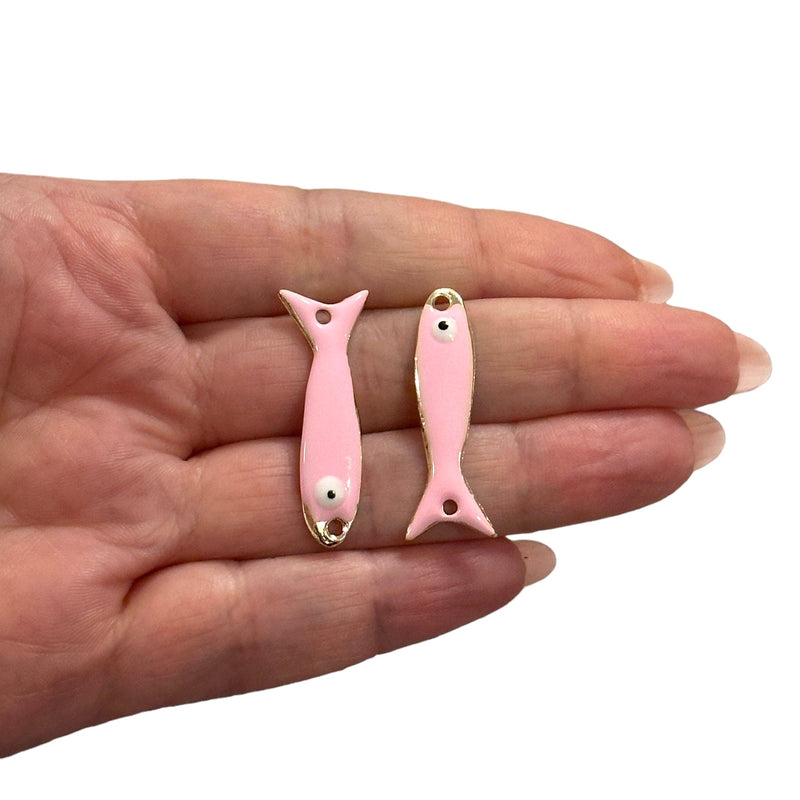 24Kt Gold Plated Pink Enamelled Fish Connector Charms, 2 pcs in a pack