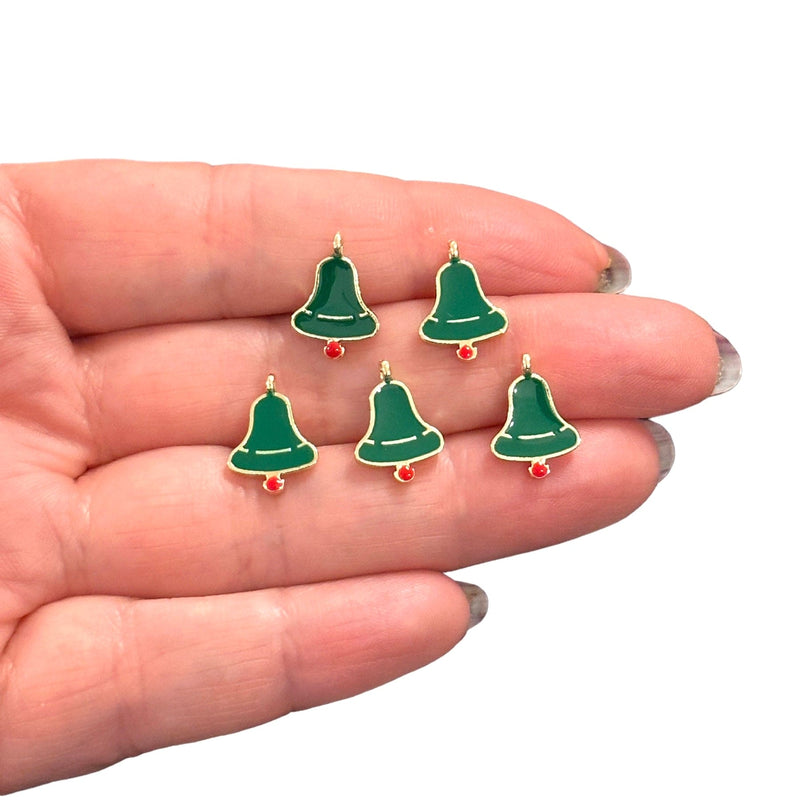 Green Christmas Bell Charms, 24Kt Gold Plated Green Enamelled Xmas Bell Charms, 5 pcs in a pack
