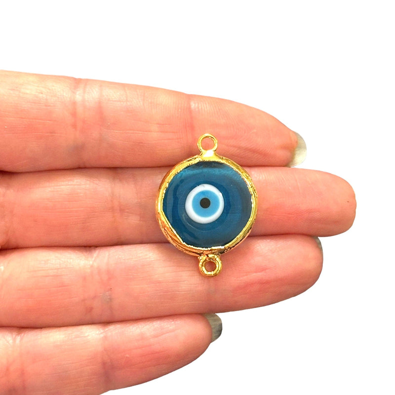 24Kt Gold Plated Hand Made Murano Glass Tp. Blue Evil Eye Connector Charm