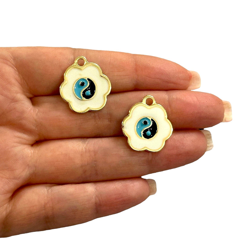 24Kt Gold Plated White Enamelled Yin Yang Charms, 2 pcs in a pack