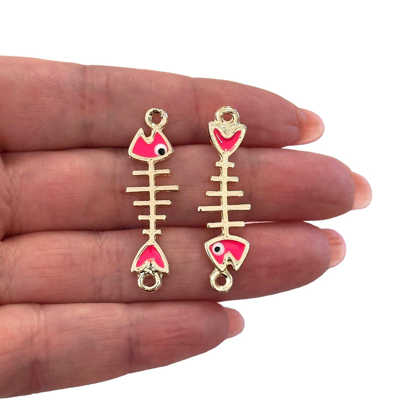 24Kt Gold Plated Neon Pink Enamelled Fishbone Connector Charms, 2 pcs in a pack