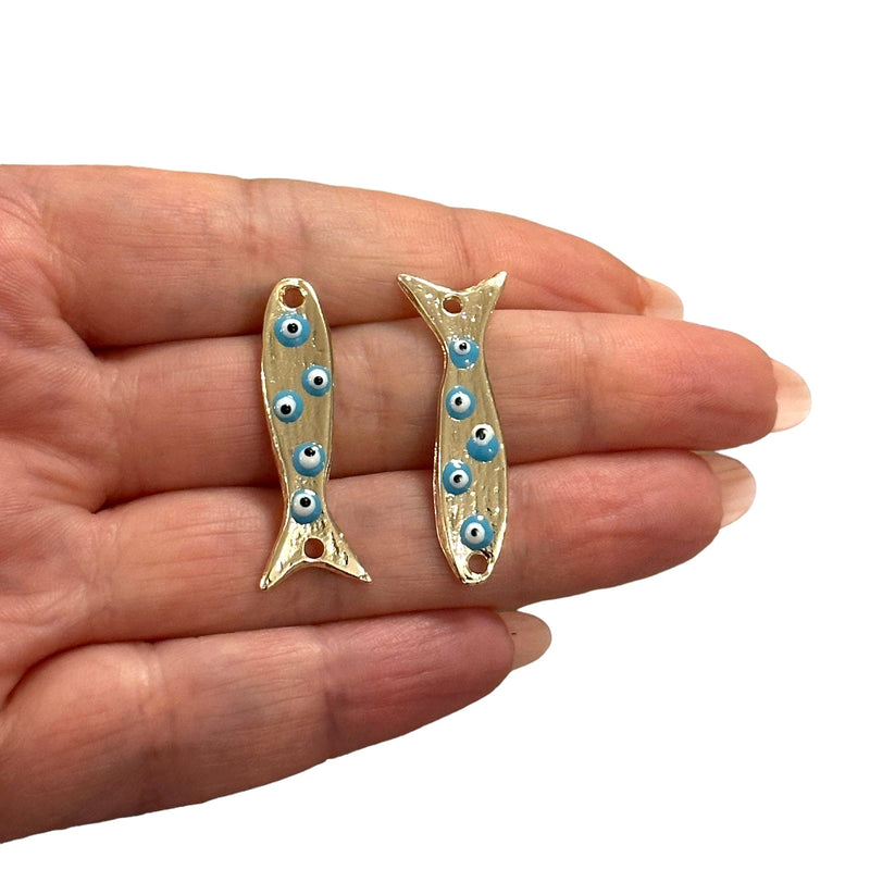 24Kt Gold Plated Evil Eye Enamelled Fish Connector Charms, 2 pcs in a pack