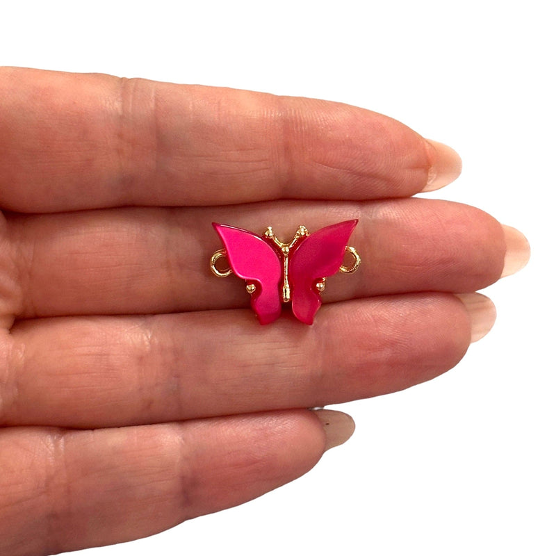 24 Karat vergoldetes Messing und handgefertigter Schmetterlings-Doppelschlaufen-Verbindungsanhänger aus Kunstharz