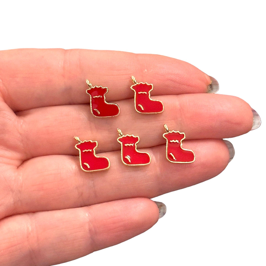 Red Christmas Stockings Charms, 24Kt Gold Plated Red Enamelled Xmas Stockings Charms, 5 pcs in a pack