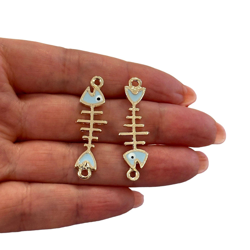 24Kt Gold Plated Baby Blue Enamelled Fishbone Connector Charms, 2 pcs in a pack