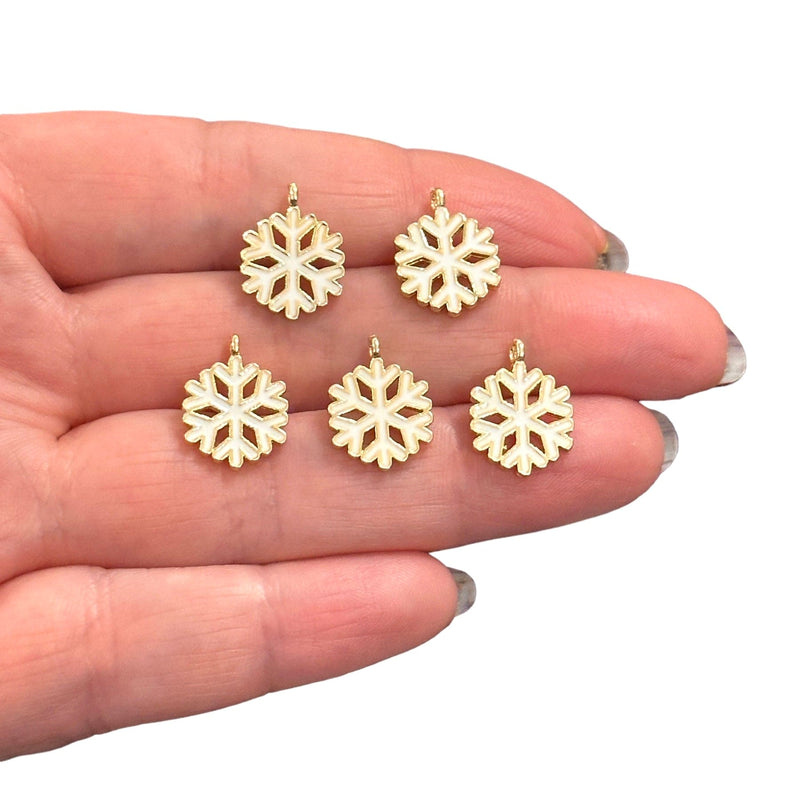Gold Snowflake Charms, 24Kt Gold Plated White Enamelled Snowflake Charms, 5 pcs in a pack