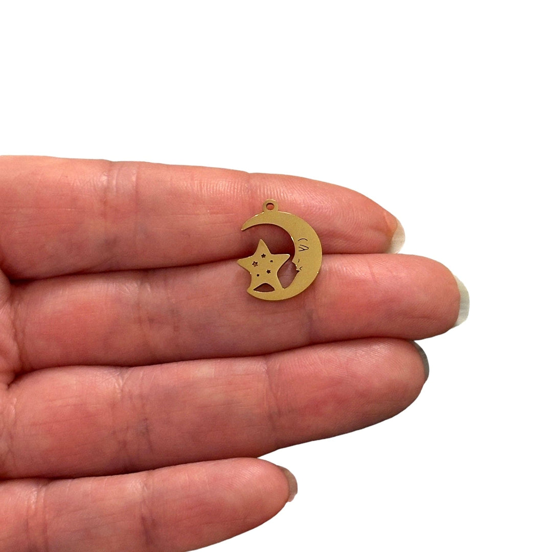 Stainless Steel 24Kt Gold Plated Crescent Moon&amp; Star Charm