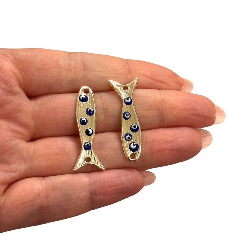 24Kt Gold Plated Evil Eye Enamelled Fish Connector Charms, 2 pcs in a pack