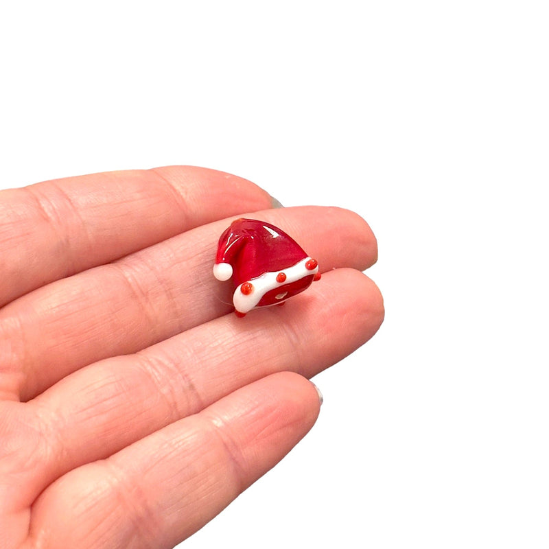 Xmas Santa Hat Hand Made Murano Glass Charm, Vertical Hole Xmas Santa Hat Charm