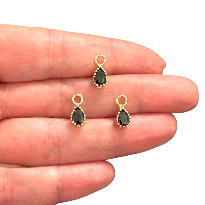 24Kt Gold Plated Drop Black Tourmaline CZ Charms, 3 pcs in a pack