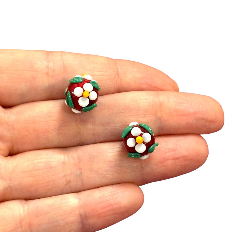 Hand Made Murano Glass Floral Bloom Round Beads, 2 pcs in a pack