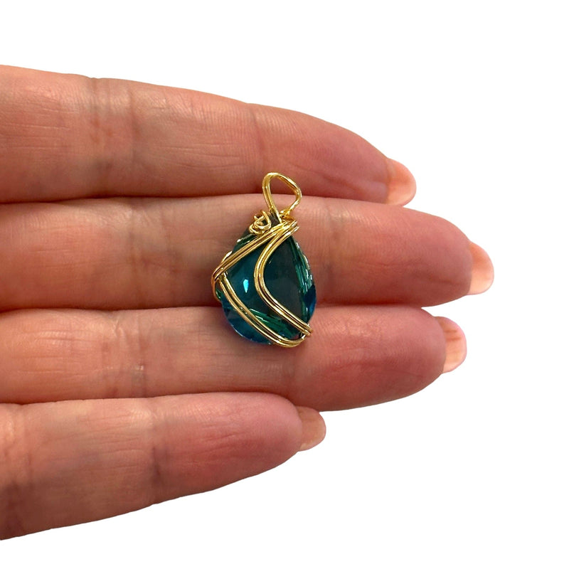 24Kt Gold Plated Wire Wrapped Teal Glass Charm