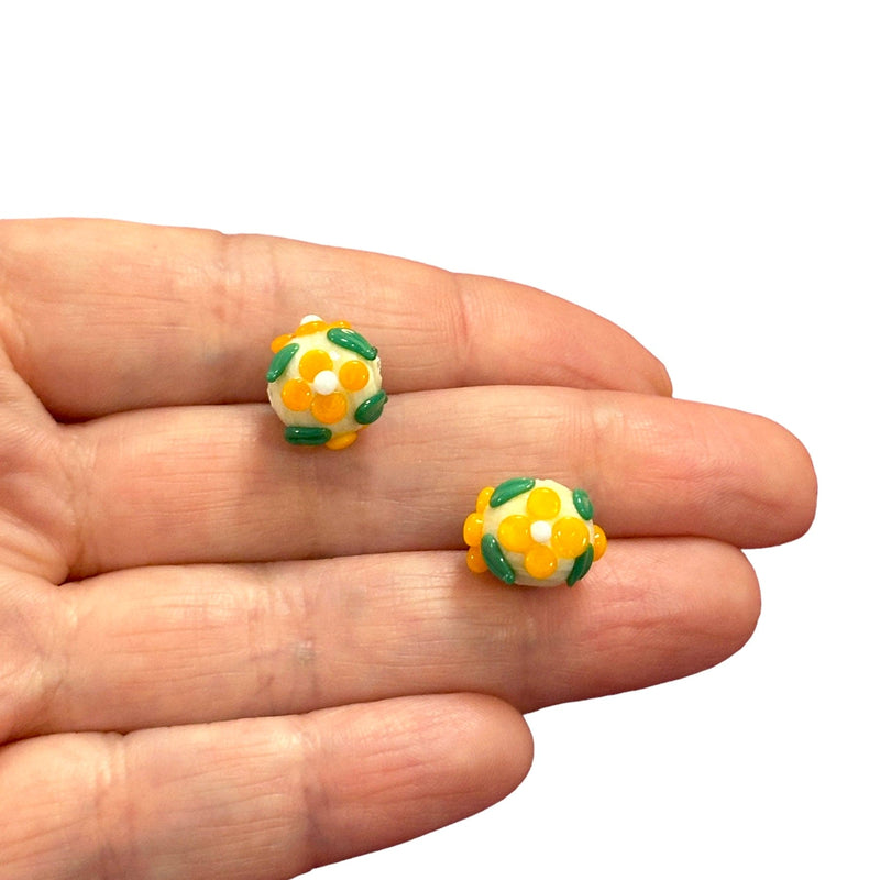Hand Made Murano Glass Floral Bloom Round Beads, 2 pcs in a pack