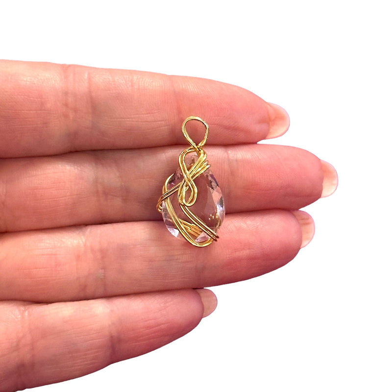24Kt Gold Plated Wire Wrapped Pink Glass Charm