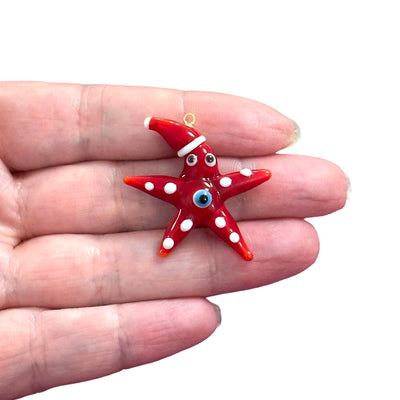 Santa's Gaze Starfish Hand Made Murano Glass Charm With 24Kt Gold Plated Pin