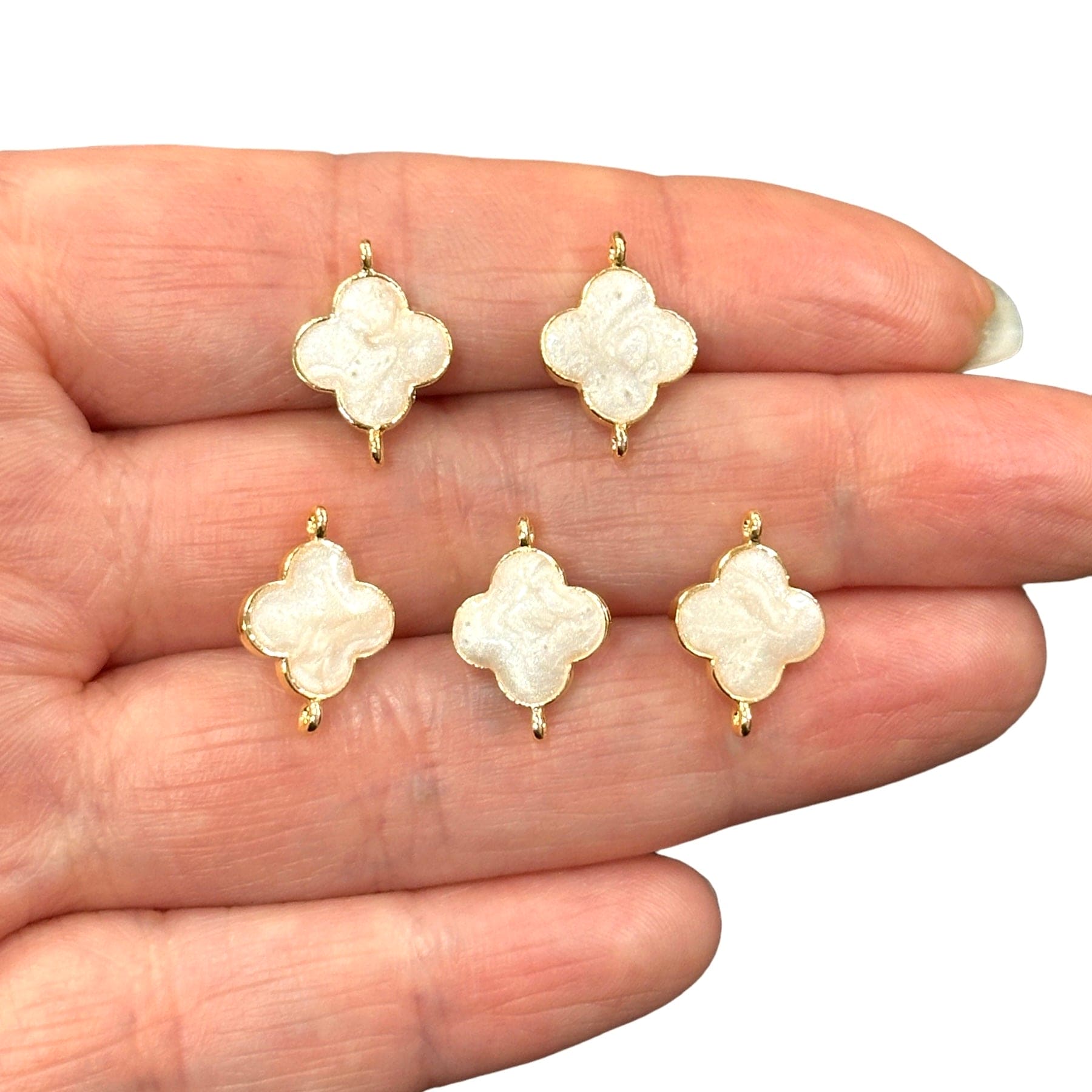 24Kt Gold Plated Ivory Enamelled Clover Connector Double Loop Charms, 5 ...
