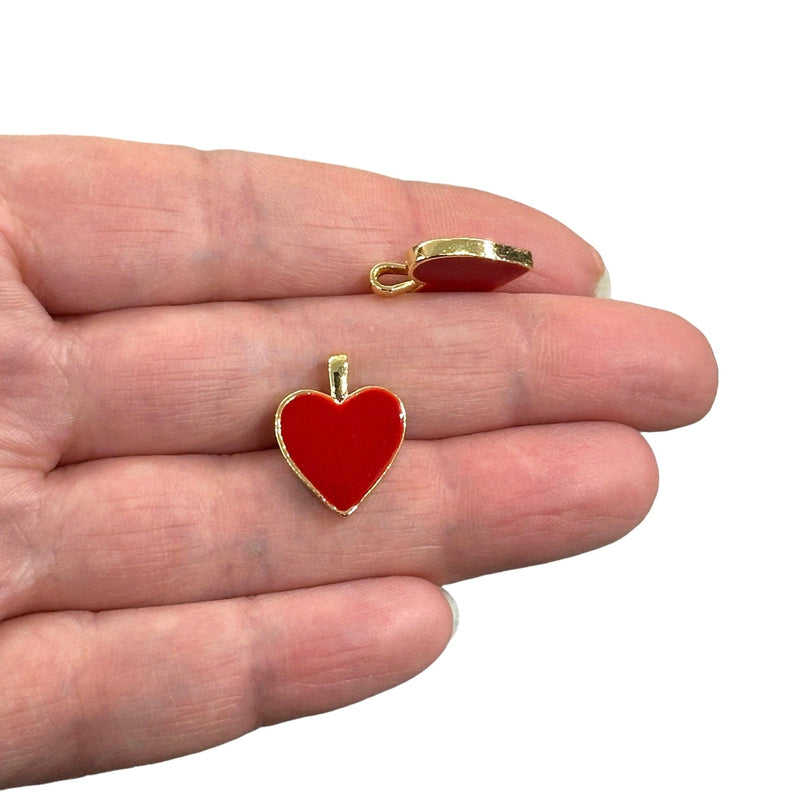 24Kt Gold Plated Double Side Red Enamelled Brass Heart Charms, 2 pcs in a pack