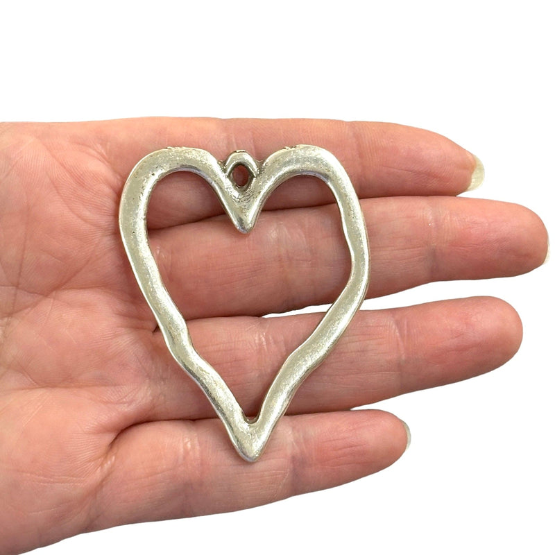 Rhodium Plated Large Heart Pendant, Large Silver Heart Pendant, 57mm