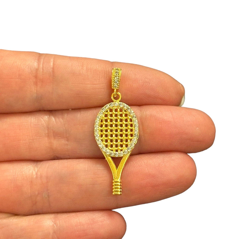 24Kt Gold Plated CZ Micro Pave Tennis Racket Pendant