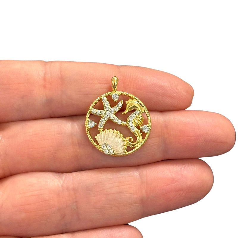 24Kt Gold Plated Coastal Charm, CZ Micro Pave Starfish, Seahorse, and Oyster Shell