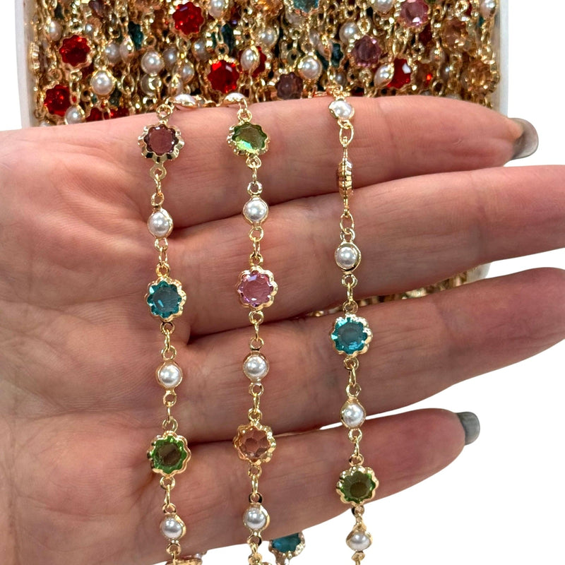 24K Gold Plated CZ Flower & Pearl Chain – Multicolour