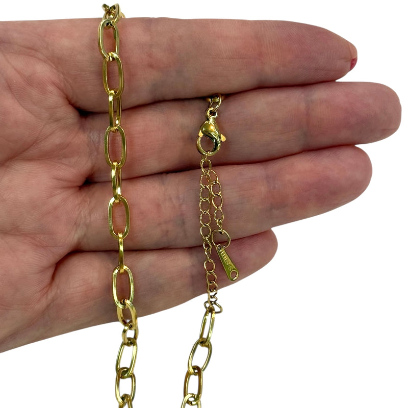 Waterproof Stainless Steel 24Kt Gold Filled Ready Necklace – Oval Link Chain Open Links,with 2" Extender (10x5mm Links)
