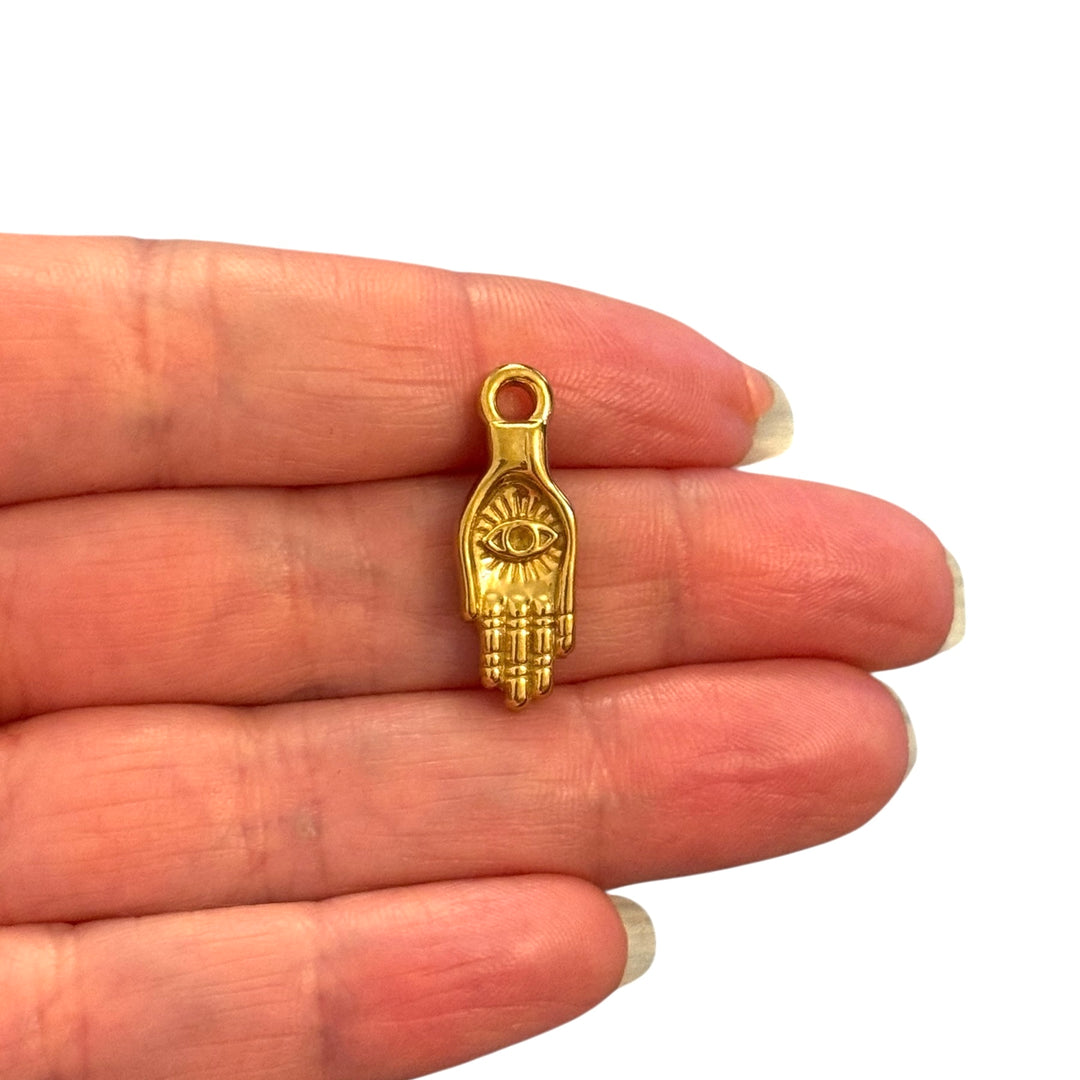 Waterproof Stainless Steel 24Kt Gold Filled Hamsa Hand Evil Eye Charm / Pendant