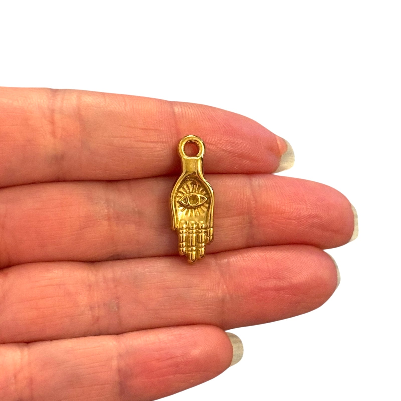 Waterproof Stainless Steel 24Kt Gold Filled Hamsa Hand Evil Eye Charm / Pendant